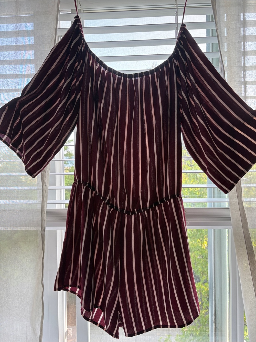 U2B Striped Off-Shoulder Romper in Burgundy and White - Picture 2 of 4
